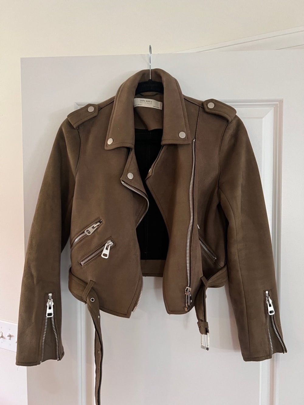 Zara Brown Suede Moto Jacket with Silver Hardware